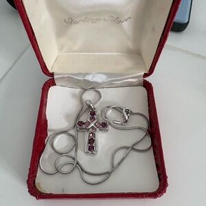 Sterling Silver Cross Pendant with Red Stones